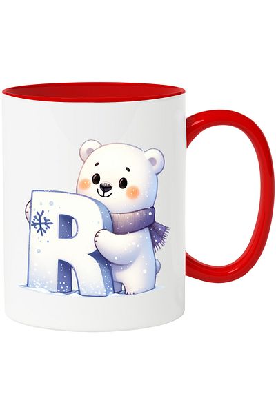 StoryGift Romania Mug with a polar bear holding the letter "R" | illustration | scarf | cold | Pole No, With Red Handle