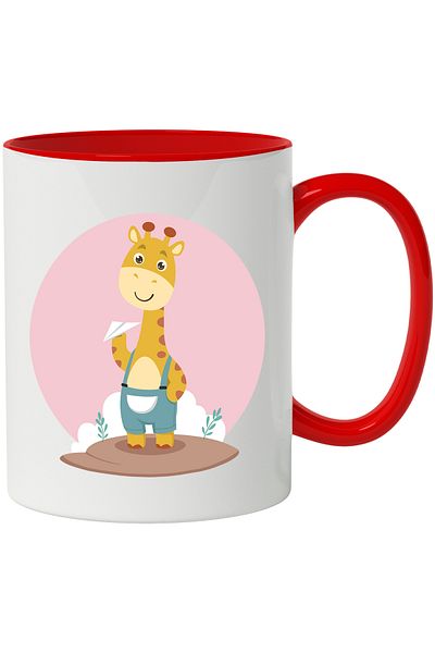 StoryGift Romania Cana Cu Girafa, Salopeta, Nor, Avion, Multicolor 330 ml, Ceramica cu Maner Rosu, Cu Maner Rosu