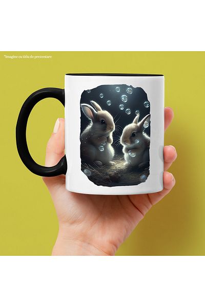 StoryGift Romania Cana Cu Iepuri Mici Albi, Adorabil, Animale, Pufosi, Rozatoare,Ceramica, 330ml, , Cu Maner Negru
