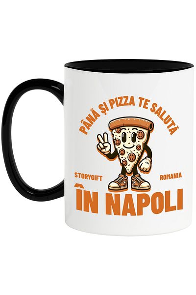 StoryGift Romania Cana Felie De Pizza Vesela Text Haios Oras Napoli Pana Si Pizza Te Saluta, 330ml, Cu Maner Negru