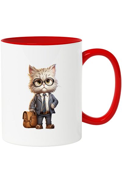StoryGift Romania Cana cu un motan la costum | ilustratie | servieta | ochelari | pentru iubitorii, Cu Maner Rosu