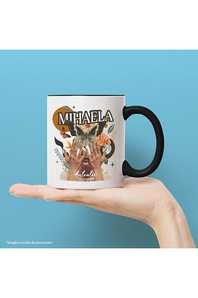 StoryGift Romania Cana Cu Numele Mihaela, Colaj Fata, Fluture, Flori, Cerc, 330ml, Ceramica cu Man, Cu ,STG