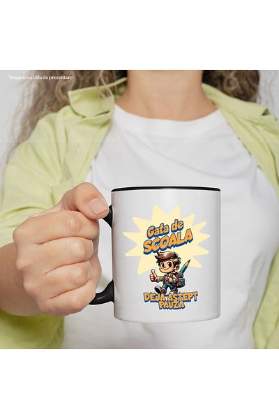 StoryGift Romania Mug child ready for school I'm already waiting for break student, 330ml, Ceramic with Black Handle, With