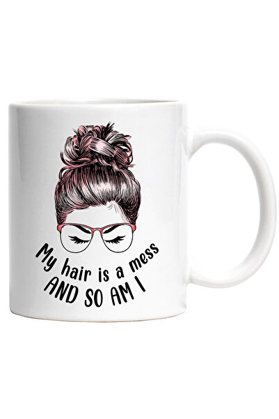 StoryGift Romania Mug with the message "My hair is a mess and so am I", illus...