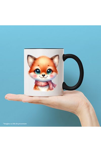 StoryGift Romania Mug with a cheerful fox | illustration | has a scarf | cold | blushing | child, With Black Handle