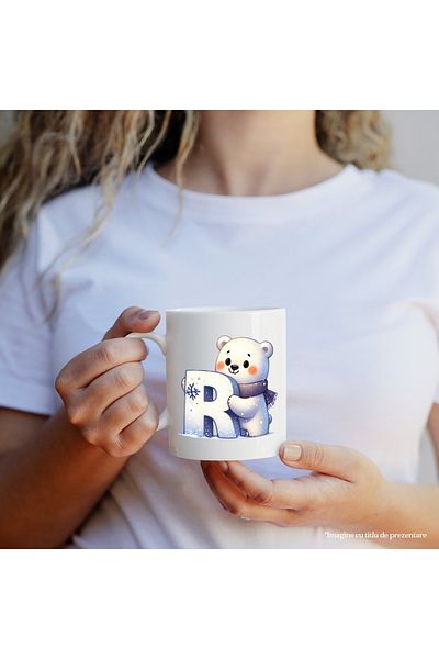StoryGift Romania Mug with a polar bear holding the letter "R" | illustration | scarf | cold | Pole No, With White Handle