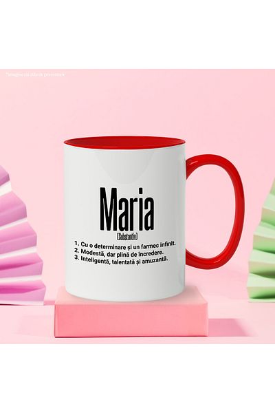 StoryGift Romania Cana Cu Numele Maria, si Mesaj Motivational, Determinare, Modesta, Inteligenta, , Cu Maner Rosu