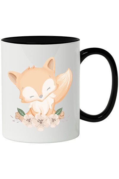 StoryGift Romania Cana Cu Vulpe, Flori, Frunze, Ramura, Multicolor 330 ml, Ceramica cu Maner Negru, Cu Maner Negru