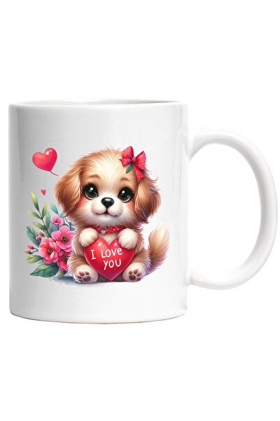 StoryGift Romania Cana cu o catelusa timida care tine in brate o inima cu mes...