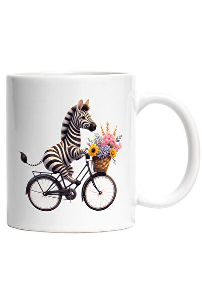 StoryGift Romania Cana cu o zebra care merge cu bicicleta | ilustratie | cosulet cu flori | plimba, Cu Maner Alb