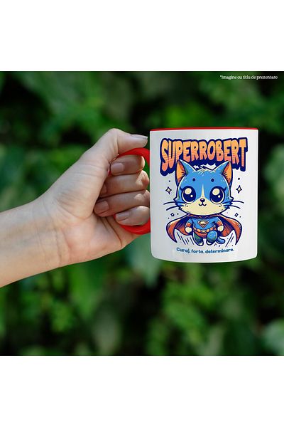StoryGift Romania Super Robert Mug, Superhero, Flying Cat, 330ml, Ceramic with Red Handle, With Handle, STG.
