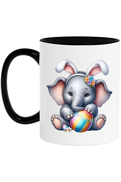 StoryGift Romania Cana cu un elefant micut, ilustratie, tine un ou vopsit, urechi de iepuras, flor, Cu Maner Negru