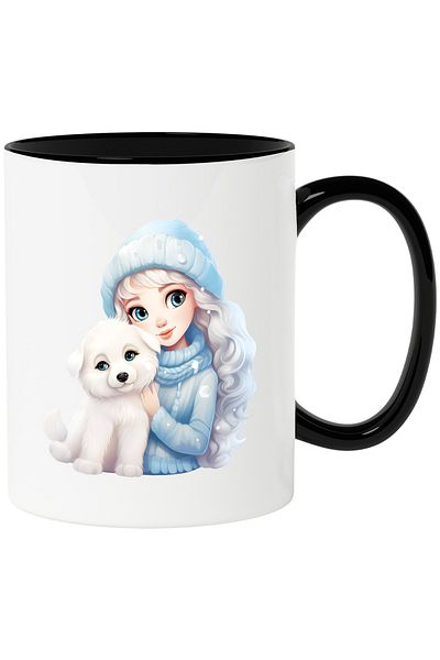 StoryGift Romania Cana cu o fata draguta cu parul alb | fes | imbracata gros | ninge | are un cate, Cu Maner Negru