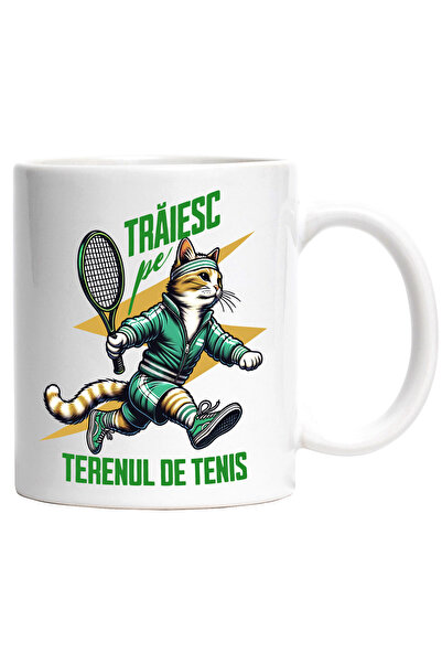 StoryGift Romania Cana Pisica sportiva jucand tenis sport, 330ml, Ceramic cu ...