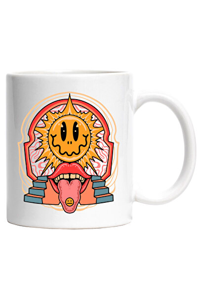 StoryGift Romania Cana Cu Ilustratie Hippie, Soare, Scari, Limba, Gura, Sticker, Emoji, Multicolor, Cu Maner Alb