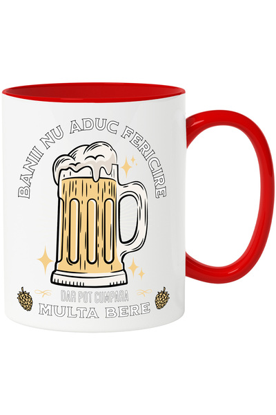 StoryGift Romania Cana banii nu aduc fericirea dar pot cumpara bere, 330ml, Ceramic cu Maner Rosu, Cu Maner Rosu