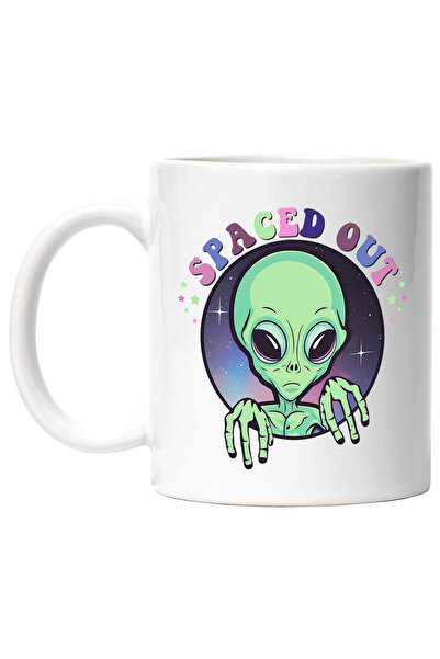 StoryGift Romania Cana cu un extraterestru verde | ilustratie | cerc | galaxie | planete | stele |, Cu Maner Alb