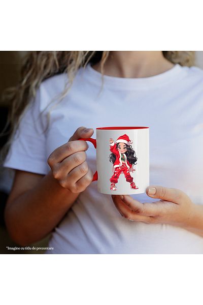 StoryGift Romania Mug with a modernly dressed Christmas girl | illustration | long hair | smile | fe, Cu,STG.