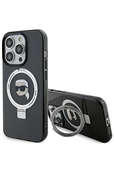 Karl Lagerfeld Husă pentru iPhone 15 Pro, Husă rigidă cu inel și suport MagSafe, Karl Lagerfeld - Negru