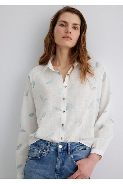Mavi Λευκό πουκάμισο με στάμπα σε φύλλα Loose Fit / Loose Relaxed Fit 122514-89841