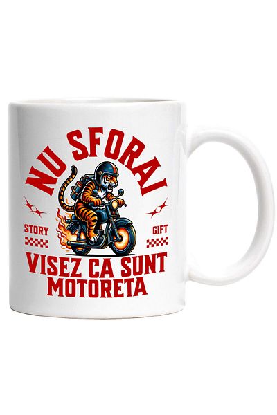 StoryGift Romania Cana cu Tigru Furios Cu Casca Protectie Furios Motor Vintige Desene Animate Pasi, Cu Maner Alb