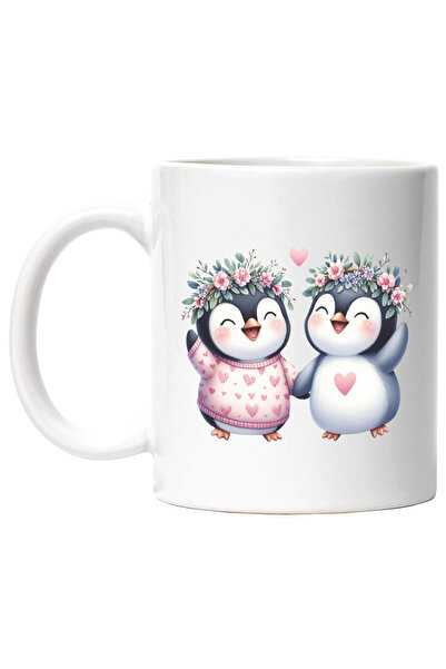 StoryGift Romania Cana cu 2 pinguini, ilustratie, veseli, coronite din flori,...