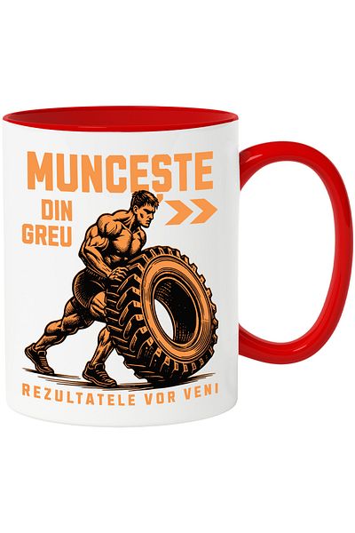 StoryGift Romania Cana Om puternic exercitii fizice sport gym motivat, 330ml, Ceramic cu Maner Ros, Cu Maner Rosu
