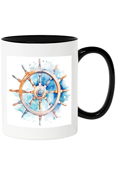 StoryGift Romania Cana cu o carma | apa | mare | corabie | ambarcatiune | ilustratie | abstract | , Cu Maner Negru