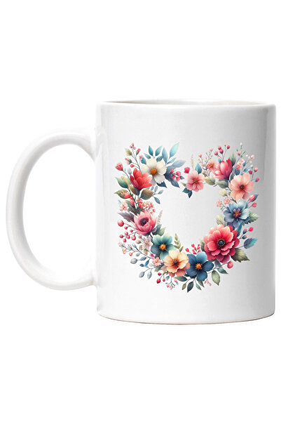 StoryGift Romania Cana cu o coroana facuta din flori in forma de inima, ilustratie, iubire, cadou,, Cu Maner Alb
