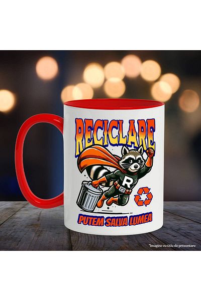 StoryGift Romania Mug with Animal Superhero Recycling Trash Can Text We Can Save the World, Ceramic, With Red Handle