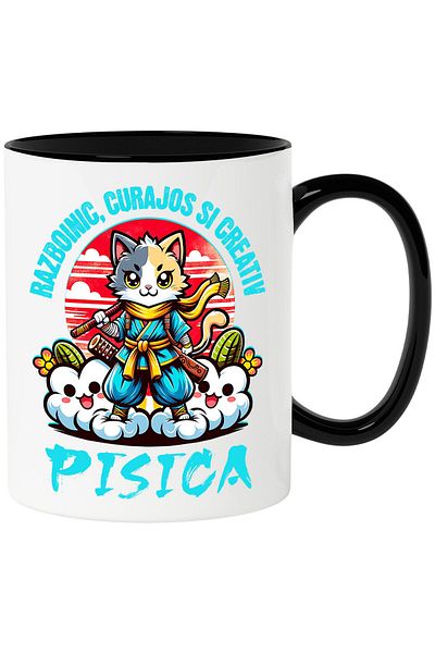 StoryGift Romania Cana cu Pisica Cu Tinuta Si Sabii De Ninja Motan Text Razboinic Curajos Si Creat, Cu Maner Negru