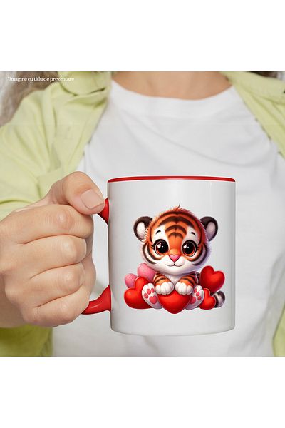 StoryGift Romania Cana cu un pui de tigru care tine o inima | ilustratie | Valentine's Day | cadou, Cu Maner Rosu