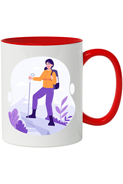 StoryGift Romania Cana Cu Drumetie, Femeie, Calatorie, Bat, Munte, Plante, Multicolor 330 ml, Cera, Cu Maner Rosu