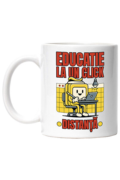 StoryGift Romania Cana Educatie la un click distanta scoala online, 330ml, Ceramic cu Maner Alb, Cu Maner Alb