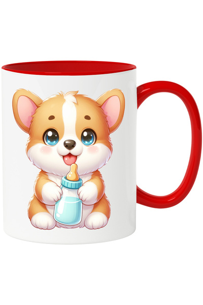 StoryGift Romania Cana cu un catel jucaus care tine un biberon cu lapte | ilustratie | ochi sclipi, Cu Maner Rosu