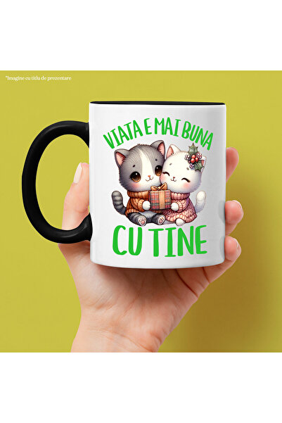 StoryGift Romania Cana cu Cuplu Pisici Iubire Cadou Craciun Text Viata E Mai Buna Cu Tine, Ceramic, Cu Maner Negru STG