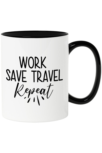 StoryGift Romania Cana cu textul "Work, save, travel, repeat" - munceste econ...