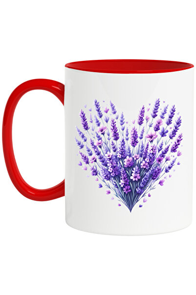 StoryGift Romania Cana cu o inima facuta din mai multe floricele, ilustratie, mov, liliac, iubire,, Cu Maner Rosu