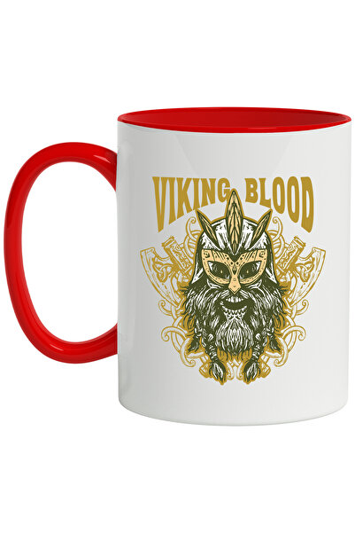 StoryGift Romania Cana Cu Mesaj In Engleza Viking Blood, Coif, Topor, Rune, Multicolor 330 ml, Cer, Cu Maner Rosu