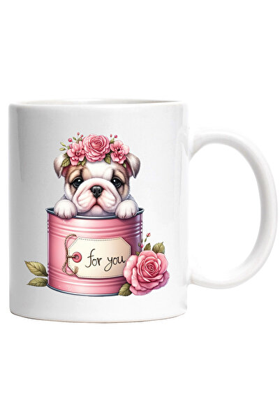 StoryGift Romania Cana cu un catel putin trist care iese dintr-o conserva | ilustratie | flori | m, Cu Maner Alb