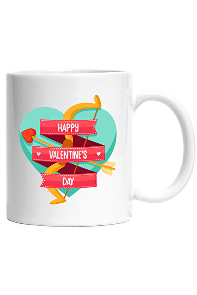 StoryGift Romania Cana Cu Mesaj In Engleza Happy Valentine's Day, Inima, Sageata, Arc, Multicolor , Cu Maner Alb