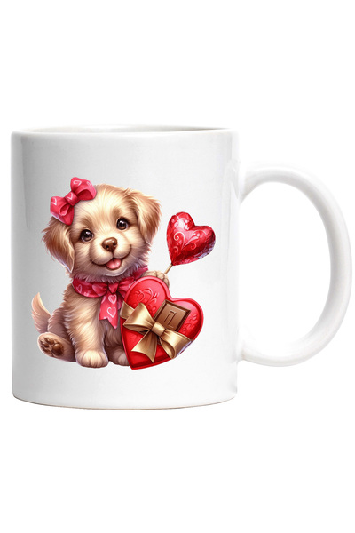 StoryGift Romania Cana cu un catelus vesel | ilustratie | o cutie in forma de inima cu bomboane | , Cu Maner Alb