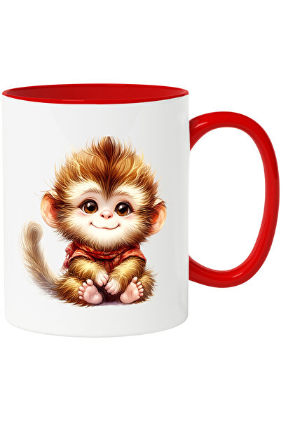 StoryGift Romania Cana cu o maimutica vesela | ilustratie | fular | frig | animal salbatic | jungl, Cu Maner Rosu