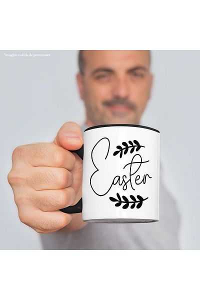 StoryGift Romania Cana cu 2 ramurele si cuvantul "Easter" - Paste sarbatoare cu Maner Negru, Cu Maner Negru
