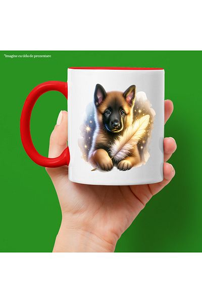 StoryGift Romania Cana Cu Un Catel Lup Care Tine In Mana O Pana "fermecata" | Ilustratie | Stelute, Cu Maner Rosu Stg