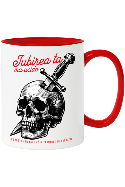 StoryGift Romania Cana Craniu cu cutit iubirea ta ma ucide dragoste, 330ml, Ceramic cu Maner Rosu, Cu Maner Rosu