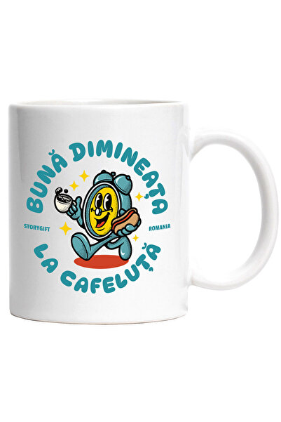 StoryGift Romania Cana cu Ceas Mecanic Cu Cafea Si Hot-Dog Buna Dimineata La Cafeluta, Ceramica, 3, Cu Maner Alb