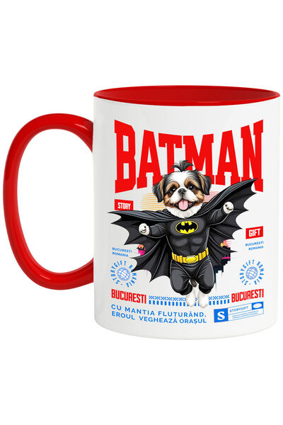 StoryGift Romania Cana cu Shih Tzu Caine In Costum de BatMan cu Pelerina, Erou Nocturn, Desene ani, Cu Maner Rosu