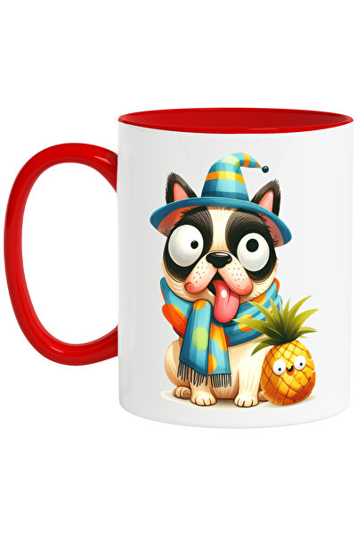 StoryGift Romania Cana cu un catel care are o privire dubioasa, nebunatic, palarie, ananas, fular , Cu Maner Rosu