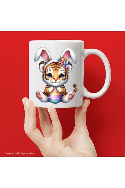 StoryGift Romania Mug with a tiger cub with bunny ears, illustration, Easter holidays, egg, With White Handle